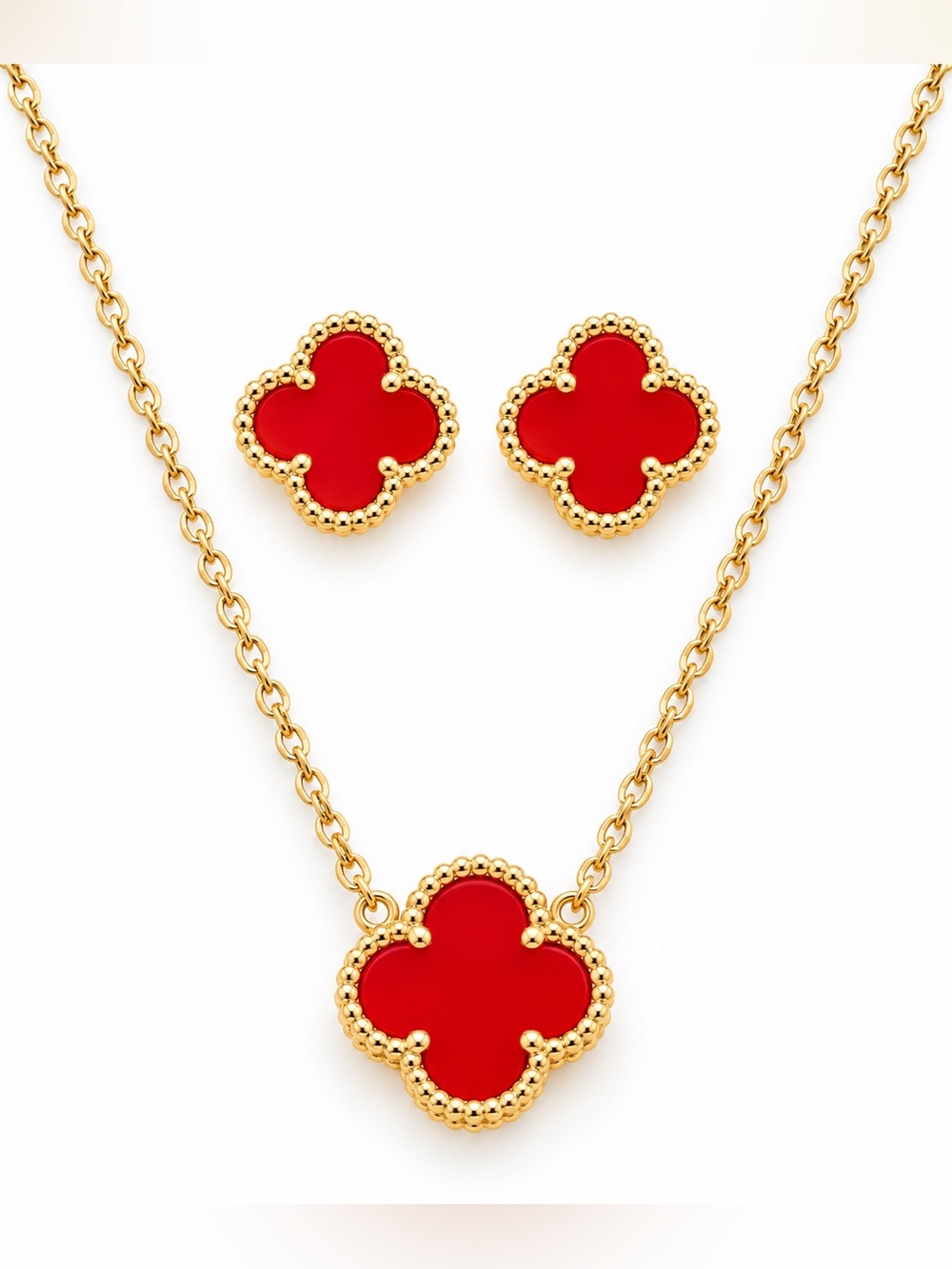 Gold-Tone Red Clover Pendant Necklace and Stud Earrings Set